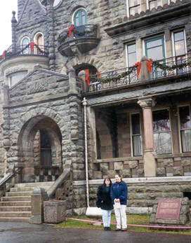 Christine and Tristin outside the Craigdorroch Castle in Victoria, BC, 11/98.